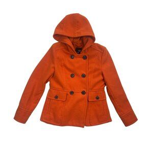 A.N.A Pea Coat Womens Petite Large Orange Hooded‎ Double-Breasted